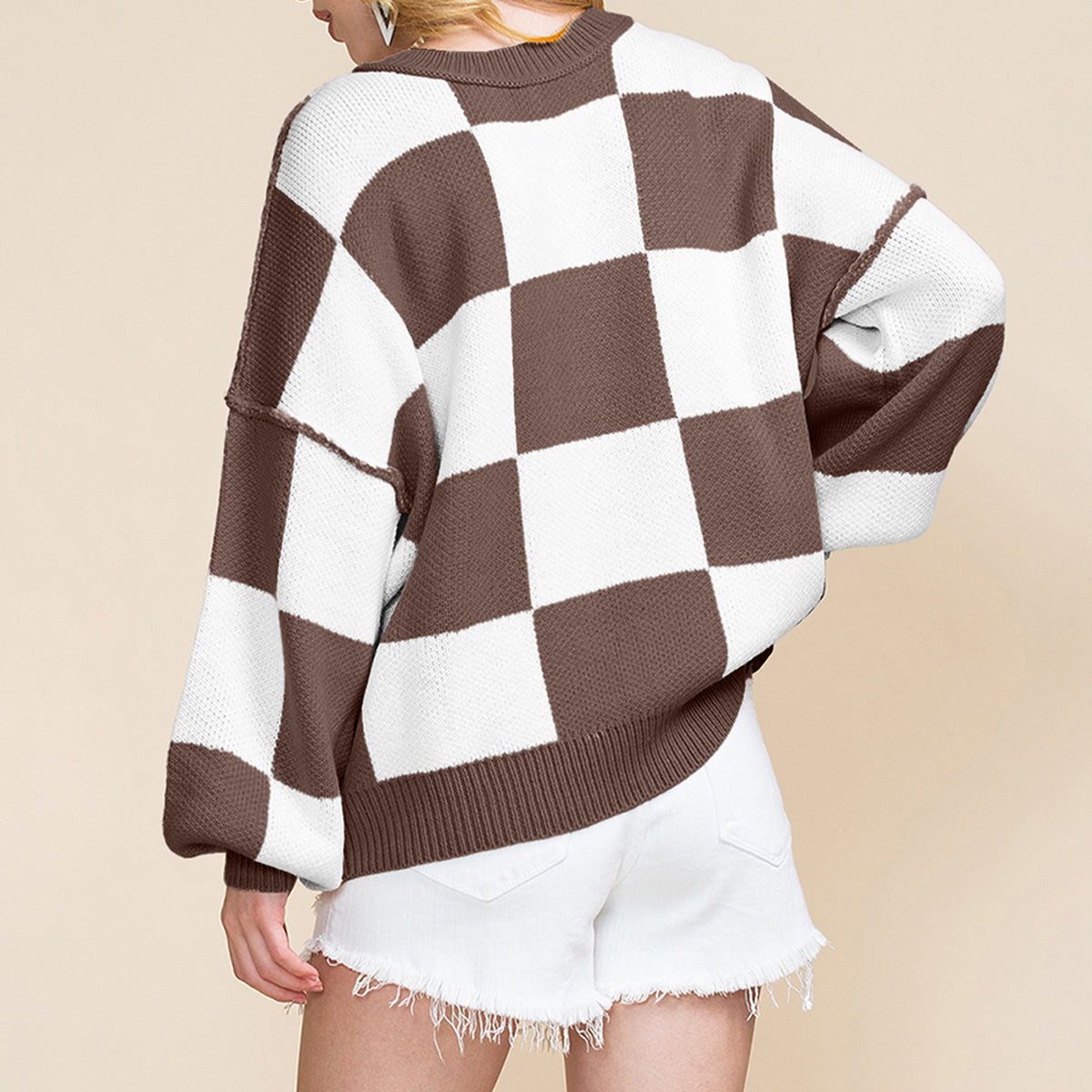 Green Checkered Bishop Sleeve Sweater