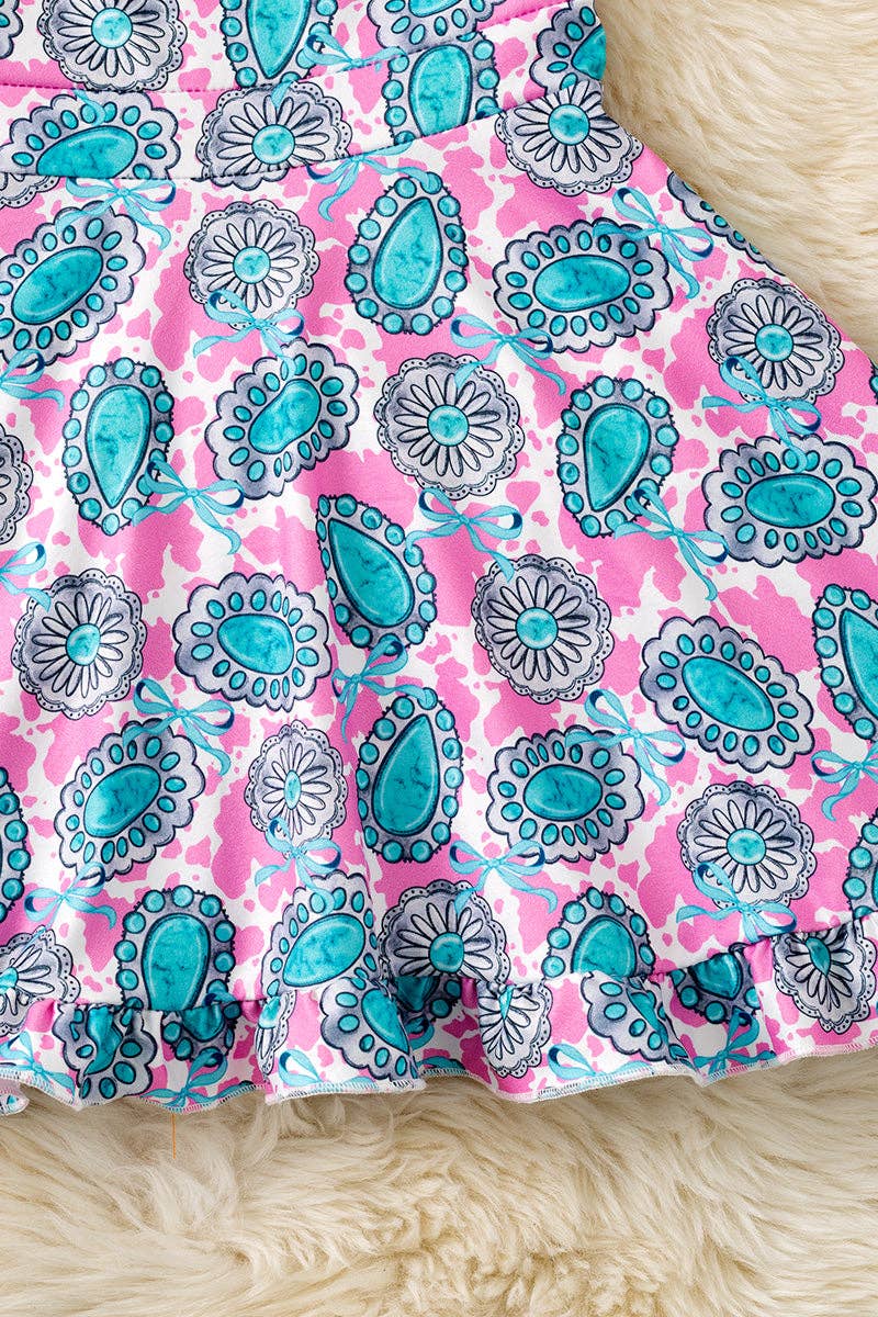 Concho & pink cow printed ruffle hem twirl dress