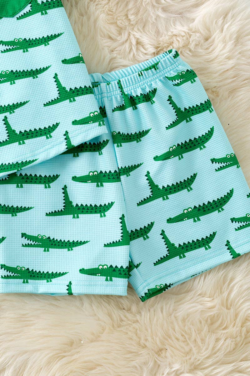 Cute crocodile printed on blue button up shirt and matching shorts