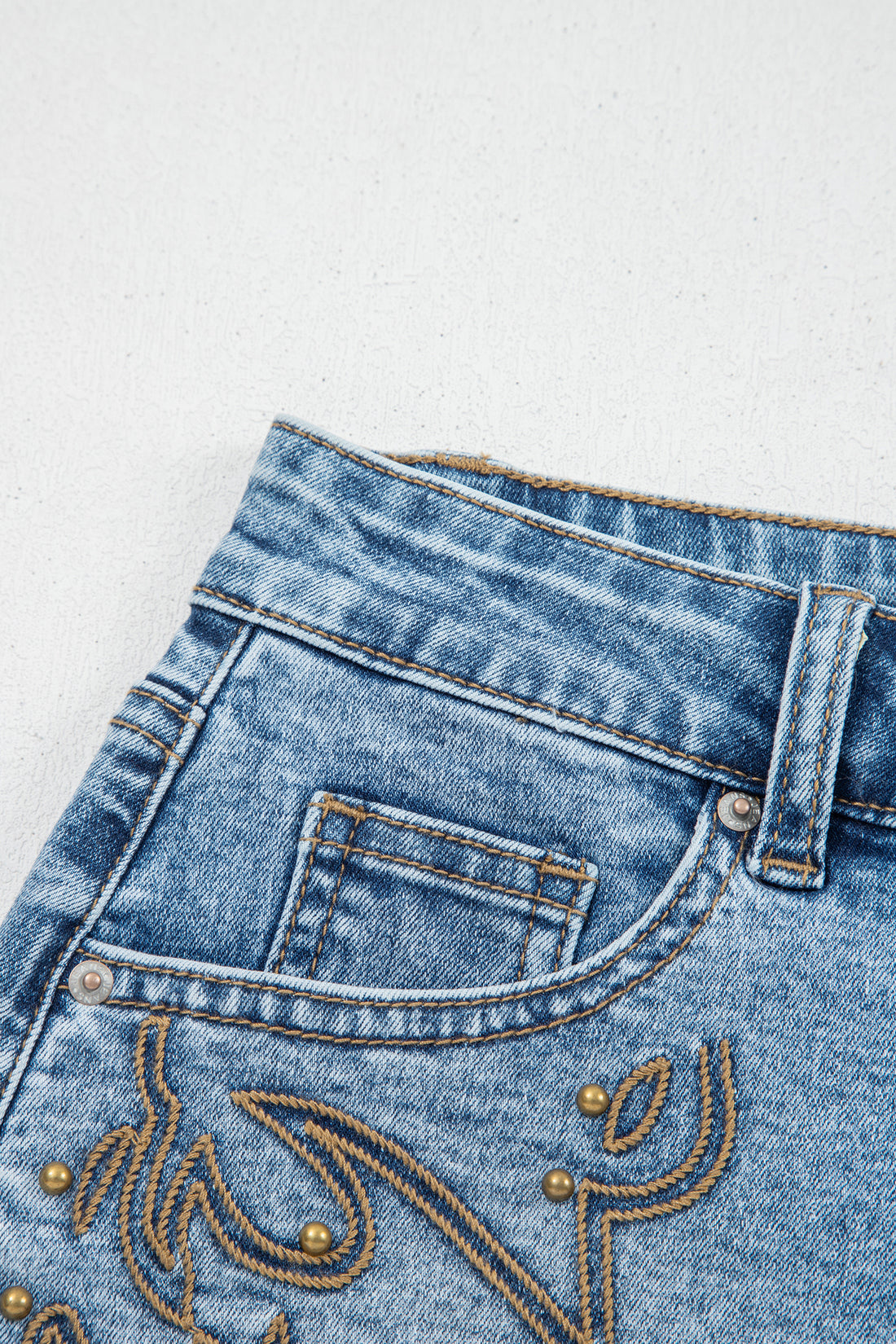 Dusk Blue Western Embroidery Stud Denim Shorts