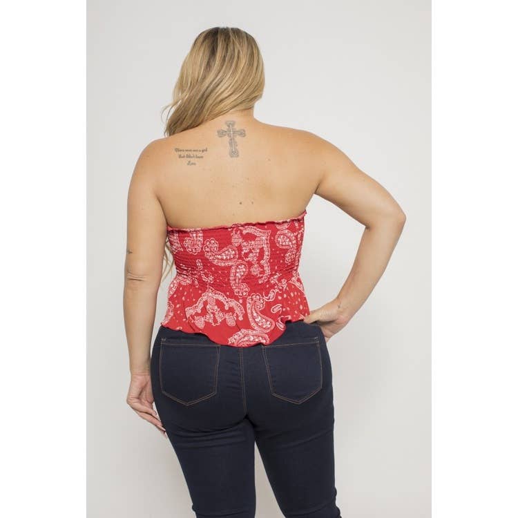 PLUS SIZE PAISLEY SMOCKED TUBE TOP: White