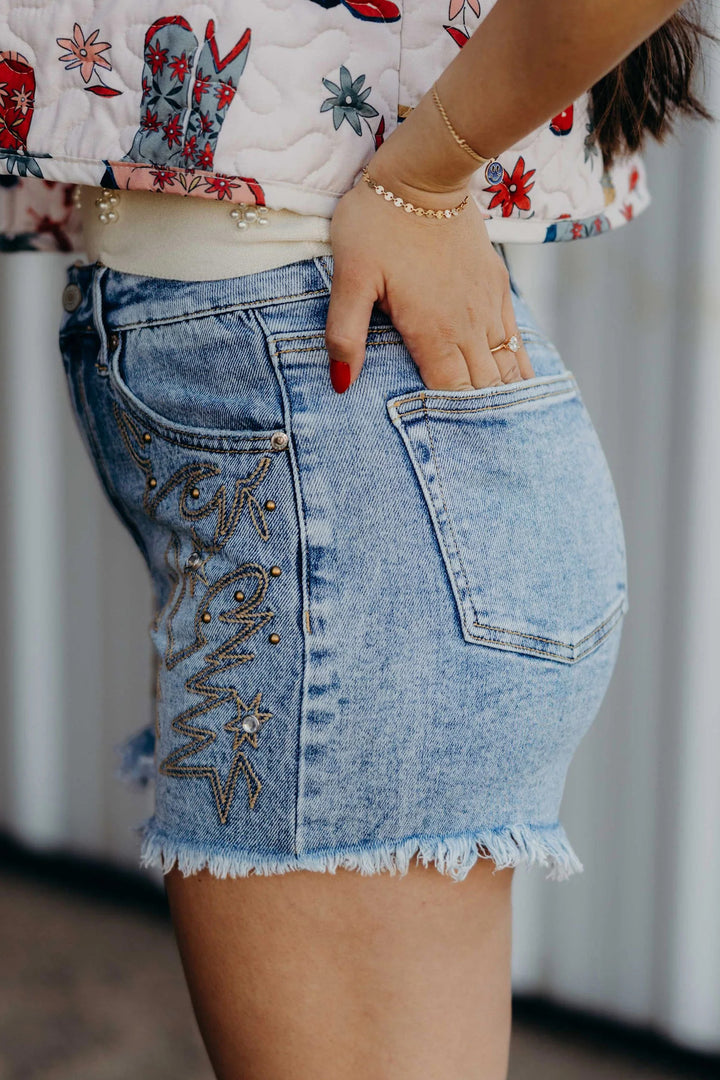 Dusk Blue Western Embroidery Stud Denim Shorts