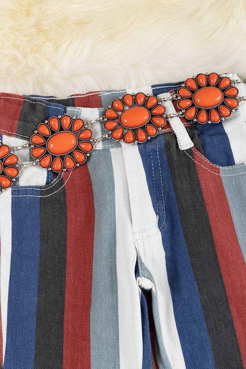 Multi-color stripe printed bootcut denim pants