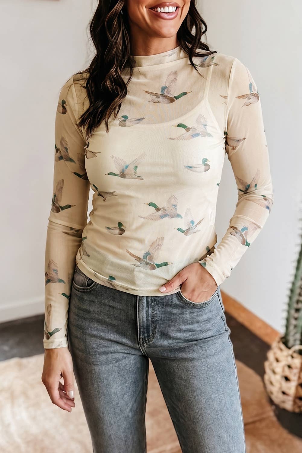 Western Mock Neck Print Mesh Sheer Long Sleeve Top