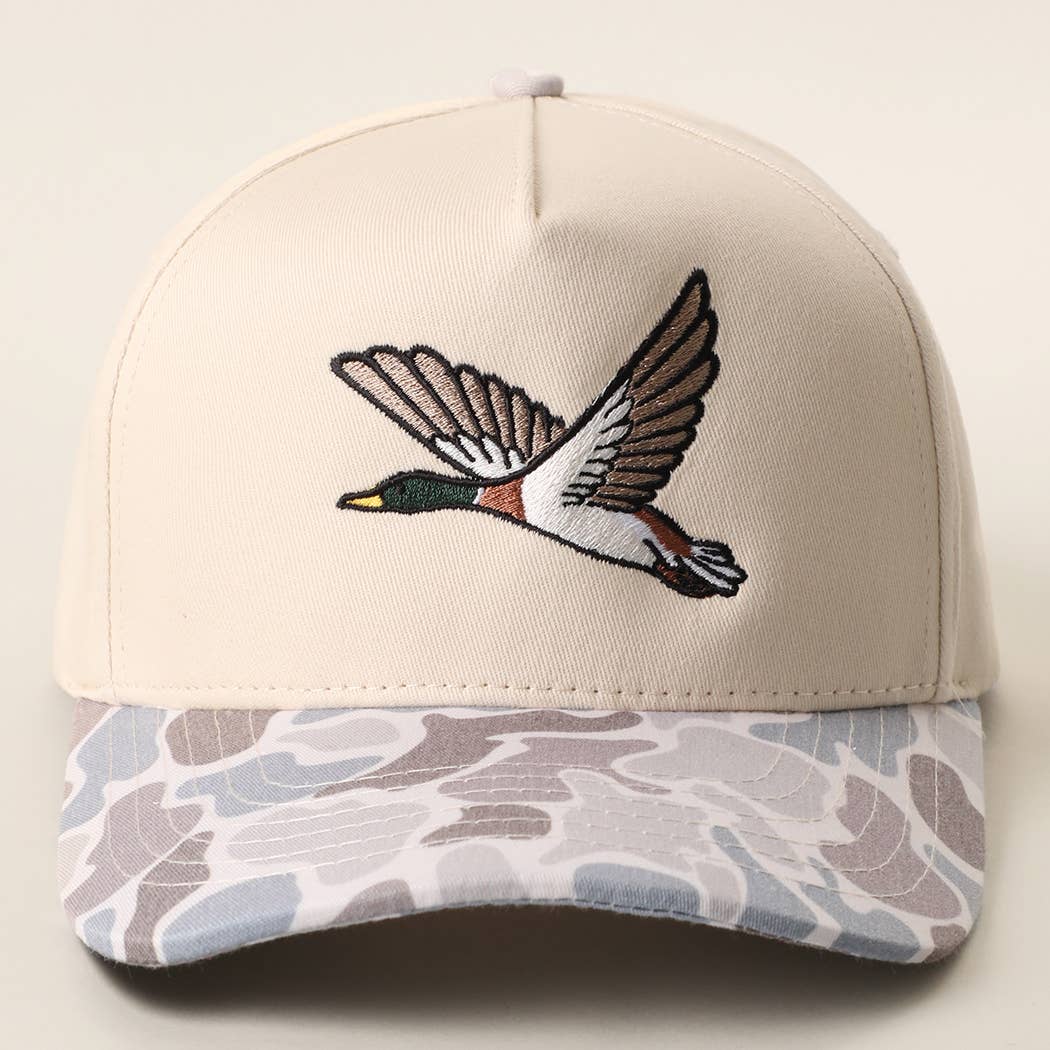 Flying Mallard Embroidered Camo Brim Trucker Hat: BEIGE