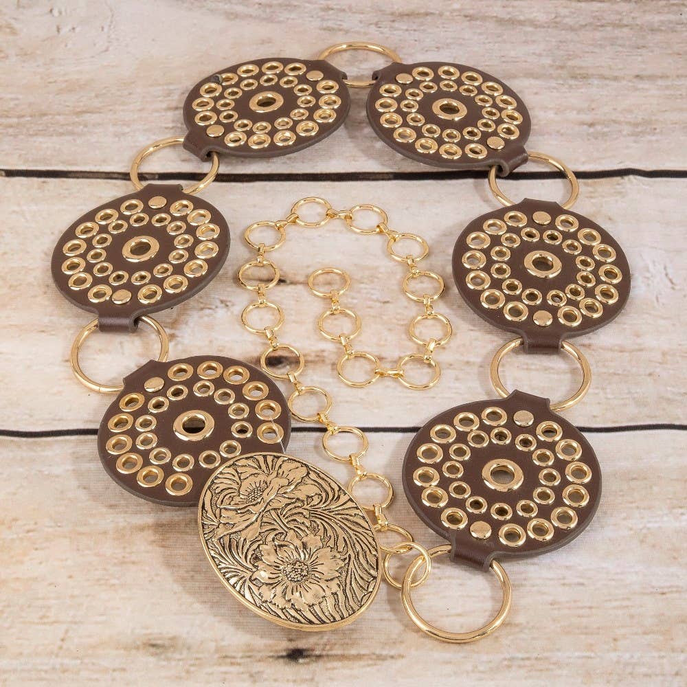Vegan Leather Studded Disc Floral Medallion Chain Belt