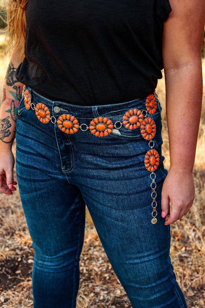 Ride For The Brand Darlin' Orange Floral Concho Link Belt Plus Size: Silver Orange / Plus Size