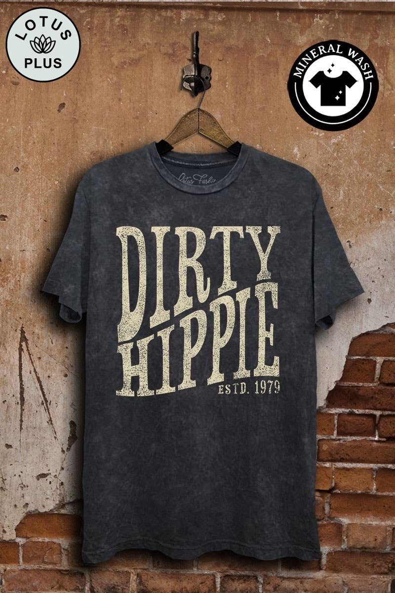 Plus Size Dirty Hippie Graphic Top: Vintage Black Mineral Wash