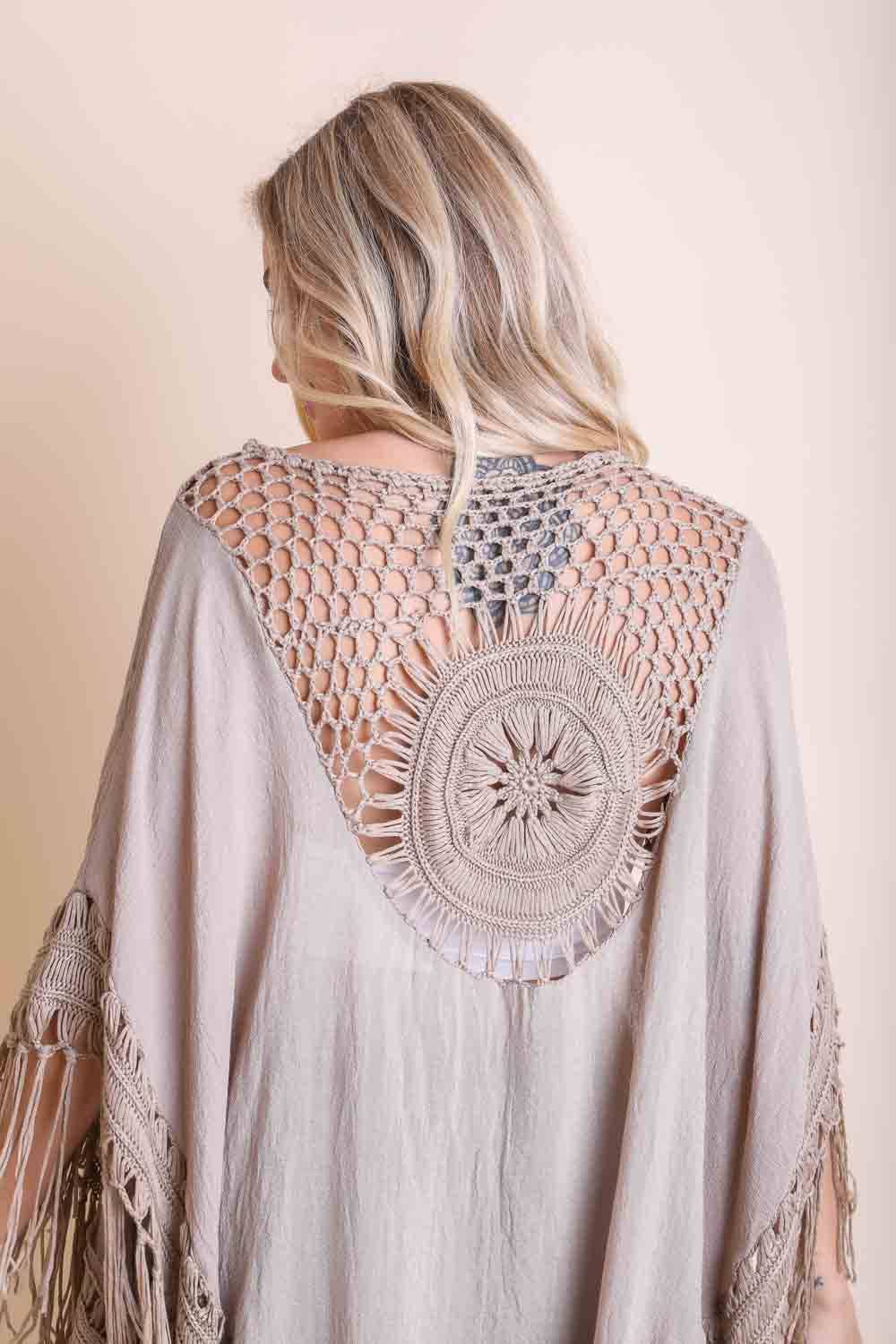 Festival-Ready Crochet Back Tasseled Kimono Jacket