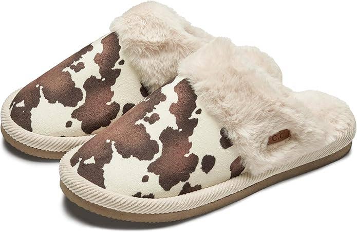 Womens Plush Cow Print Slippers Beige Sherpa Lined