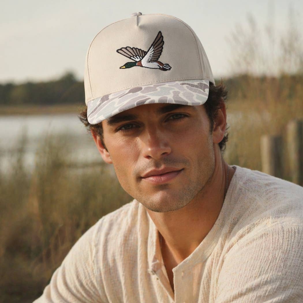 Flying Mallard Embroidered Camo Brim Trucker Hat: BEIGE