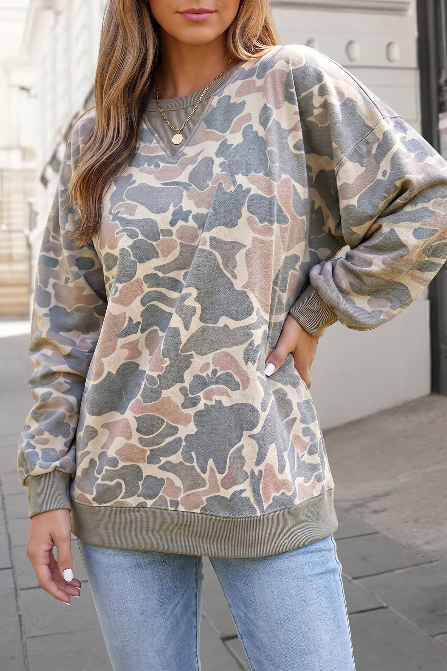 Camouflage Patchwork Long Sleeve Pullover