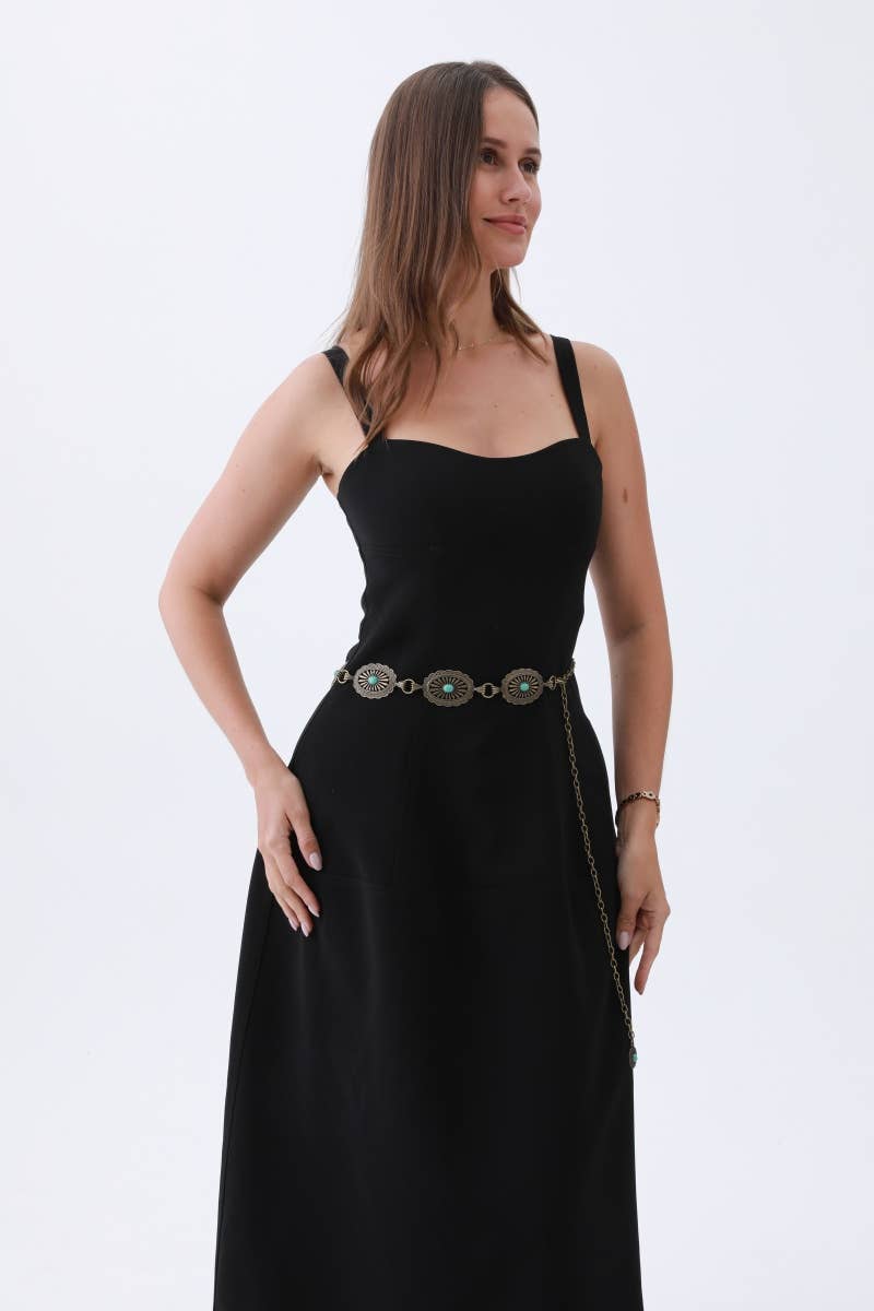 Vintage Turquoise Chain Belt – Classic Western Elegance: Antique Silver