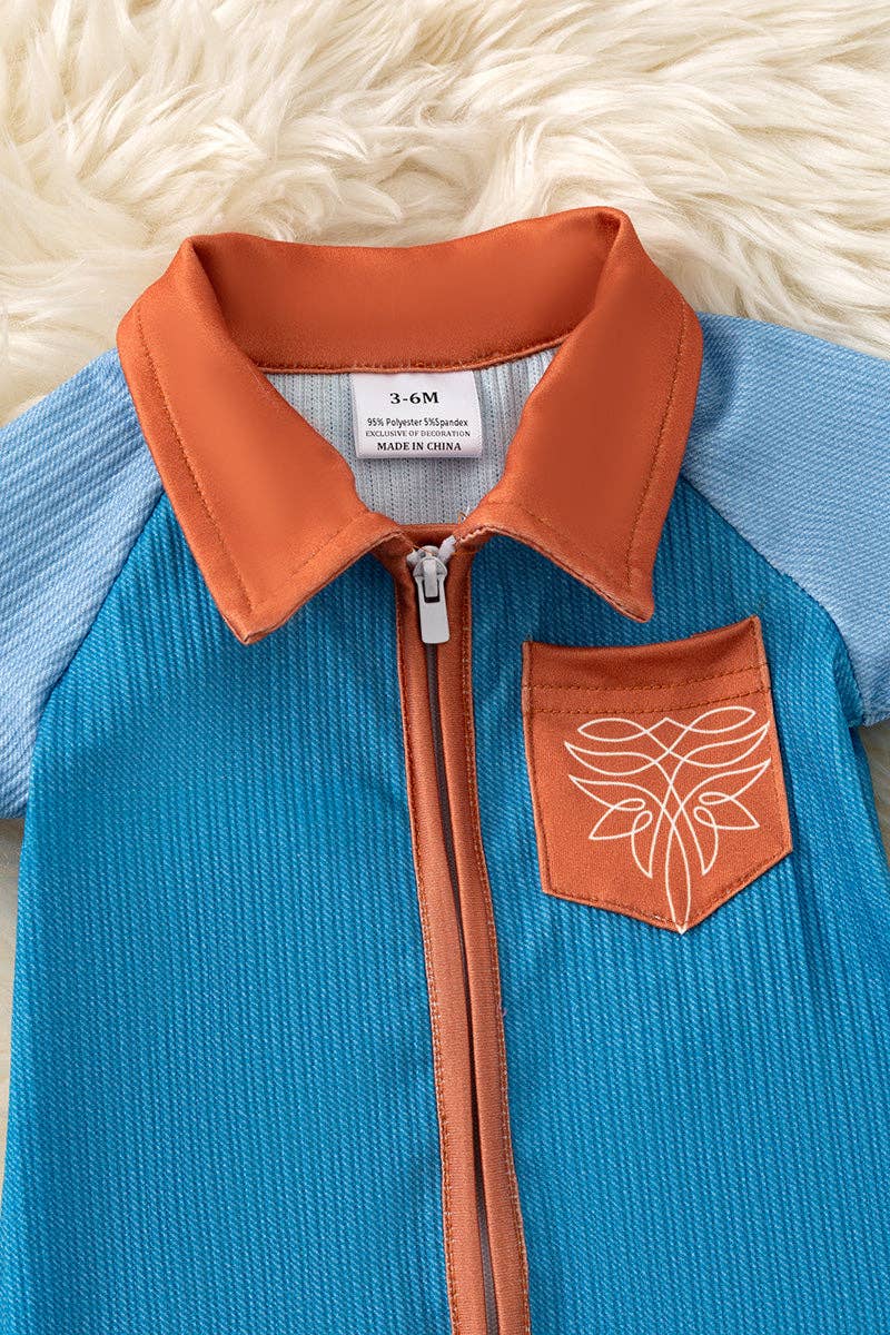 Ribbed fabric blue romper with a front pocket & back pockets
