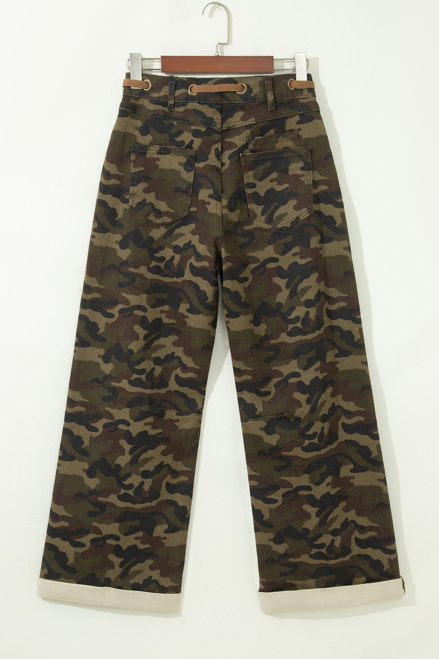 Multicolour Camouflage Print Retro Grommet Tie Waist Loose Jeans