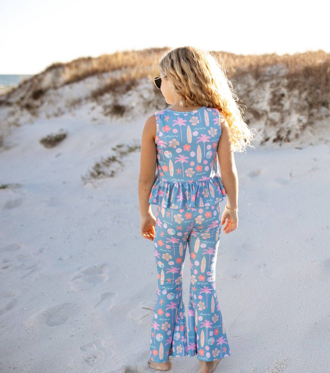 Kids Dusty Blue & Pink Summer Surf Print Flare Pant Set: 2