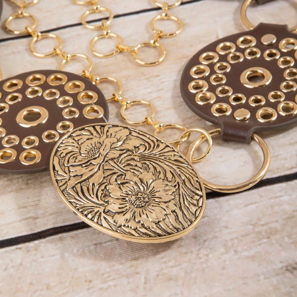 Vegan Leather Studded Disc Floral Medallion Chain Belt