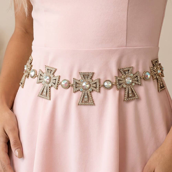 Silver Pave Crystal Cross Chain Belt
