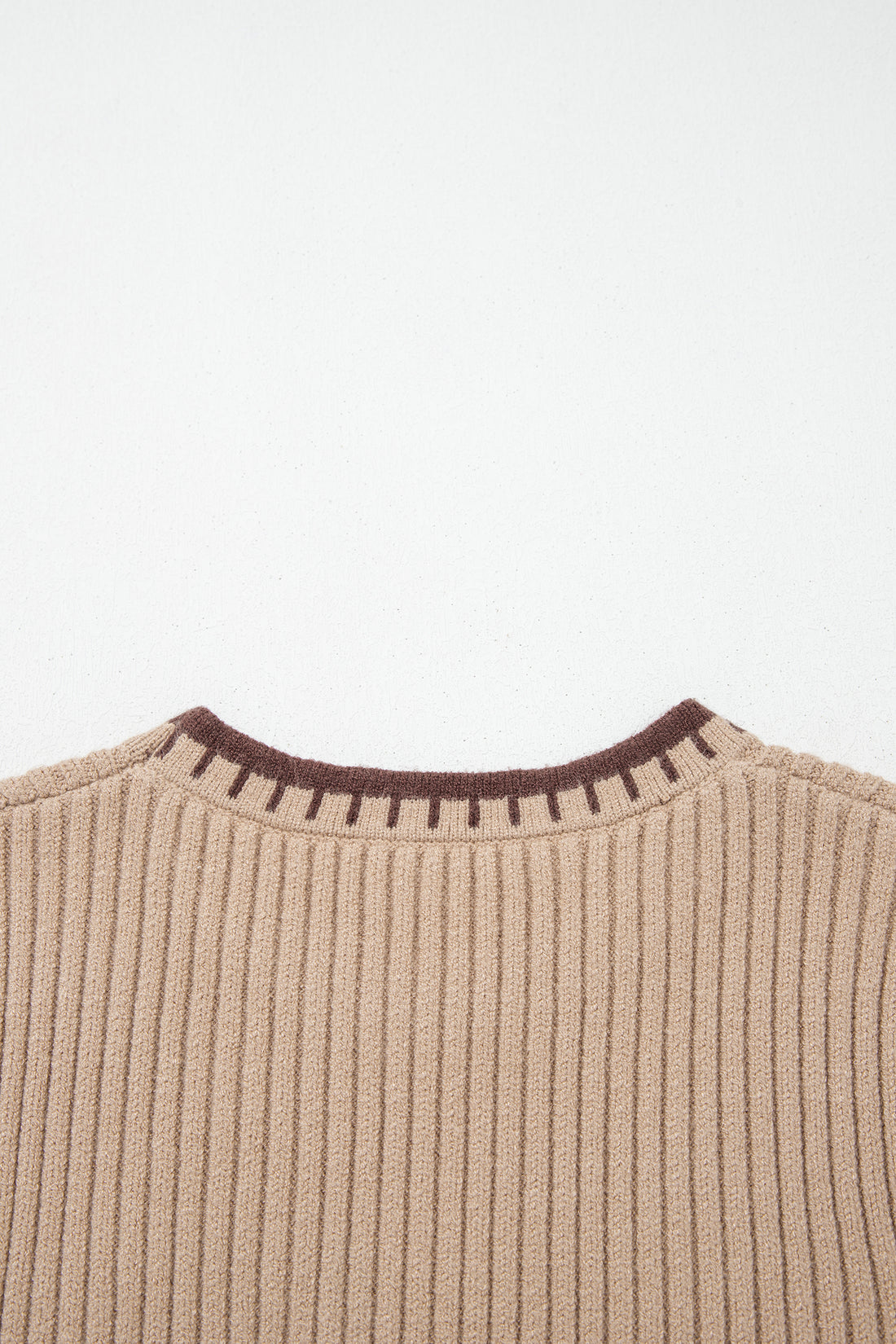 Light French Beige Ribbed Knit Contrast Trim Round Neck Horseshoe Sweater Vest