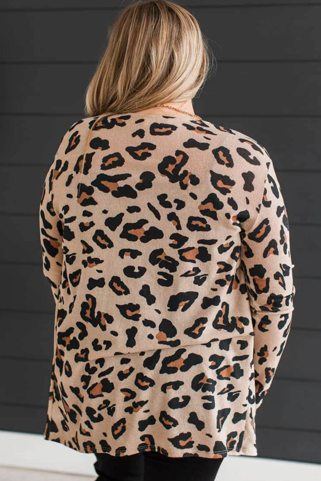 Khaki Leopard Print Long Sleeve V Neck Tunic Plus Size Cardigan