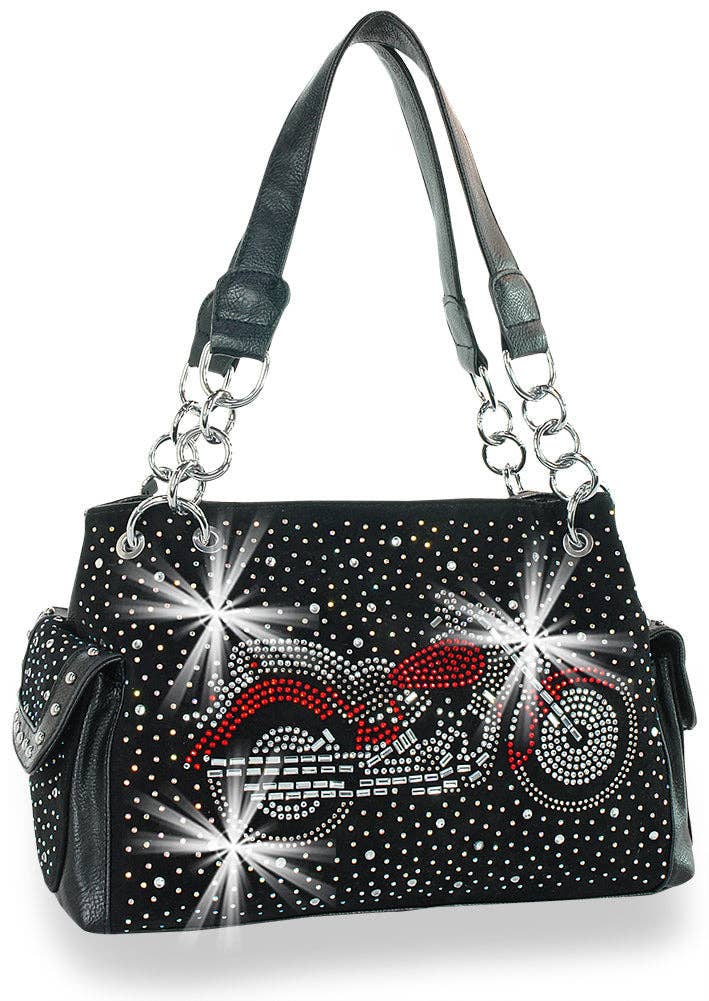 Motorcycle Design Rhinestone Handbag: Black