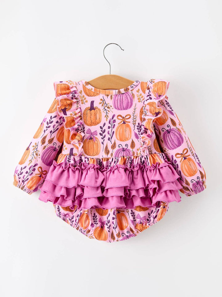 Halloween Thanksgiving Pumpkin Baby Girl Romper With Layered Ruffle Bows