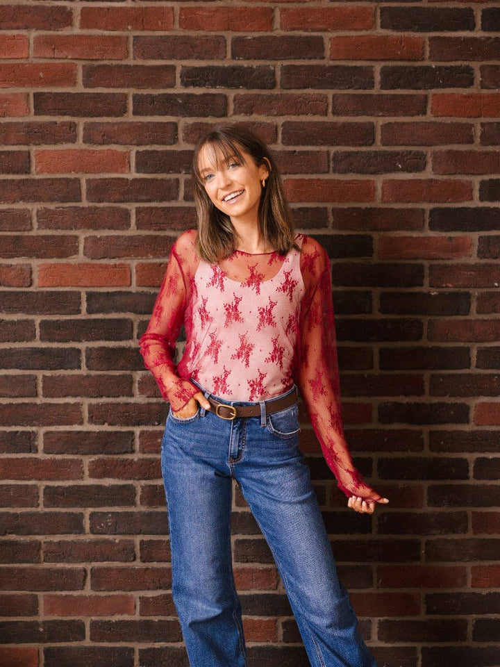 Mesh Long-sleeve Top, Red: Red / XS