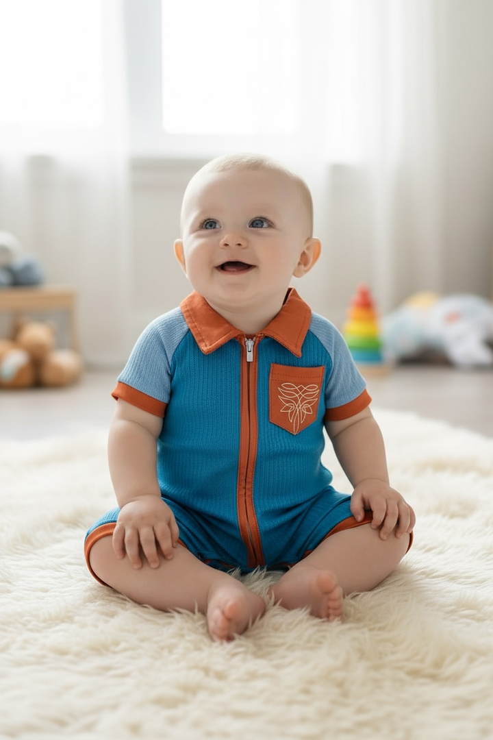 Ribbed fabric blue romper with a front pocket & back pockets