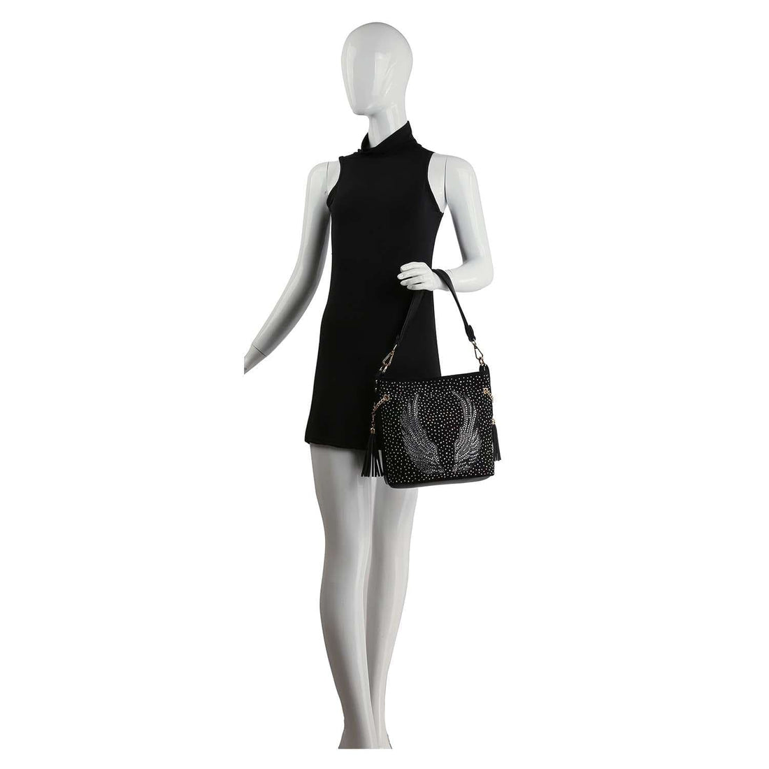 Wings Design Rhinestone Hobo Handbag: Black