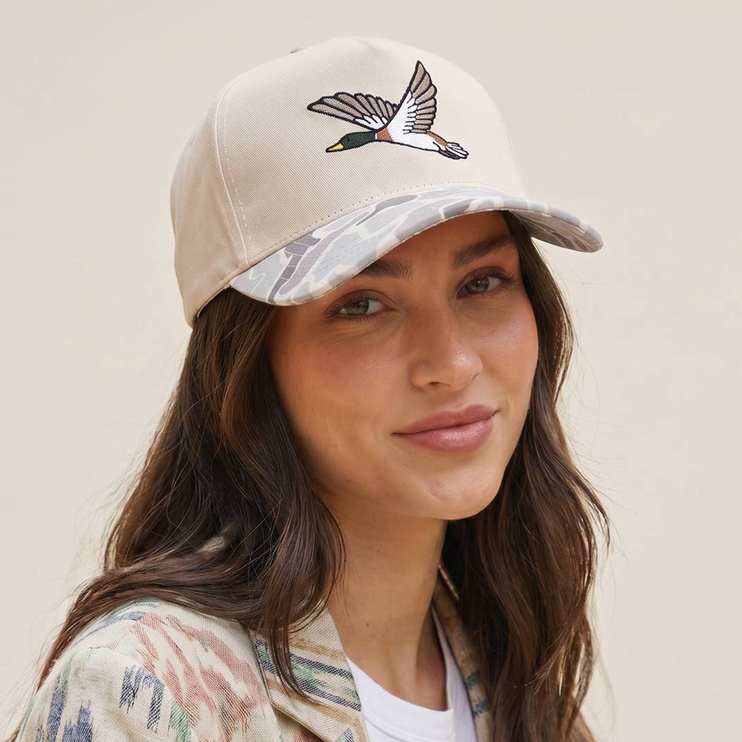 Flying Mallard Embroidered Camo Brim Trucker Hat: BEIGE
