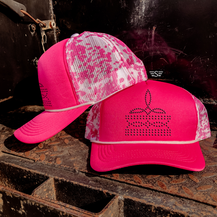 Rhinestone Boot Stitch Printed Mesh Trucker Cap: Pink Cow / Black