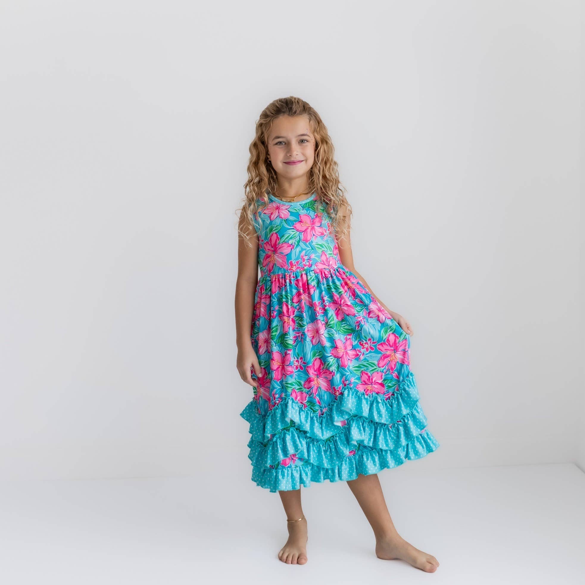 Kids Pink Blue Tropical Ruffle Dress