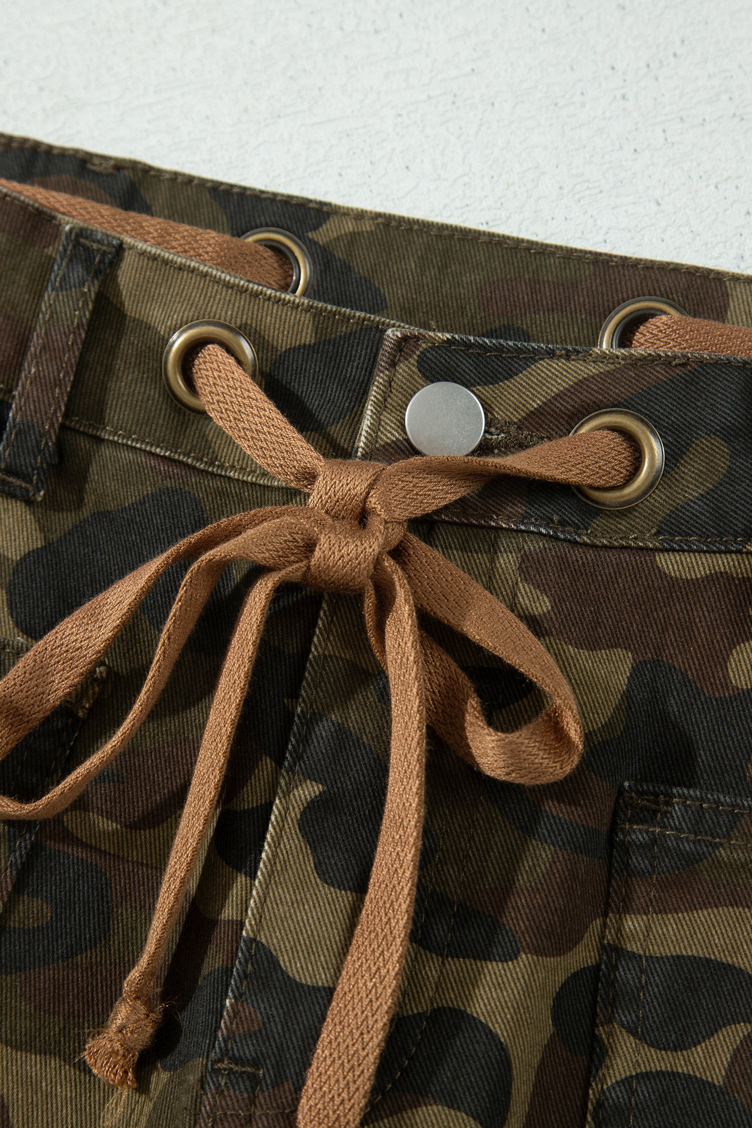 Multicolour Camouflage Print Retro Grommet Tie Waist Loose Jeans