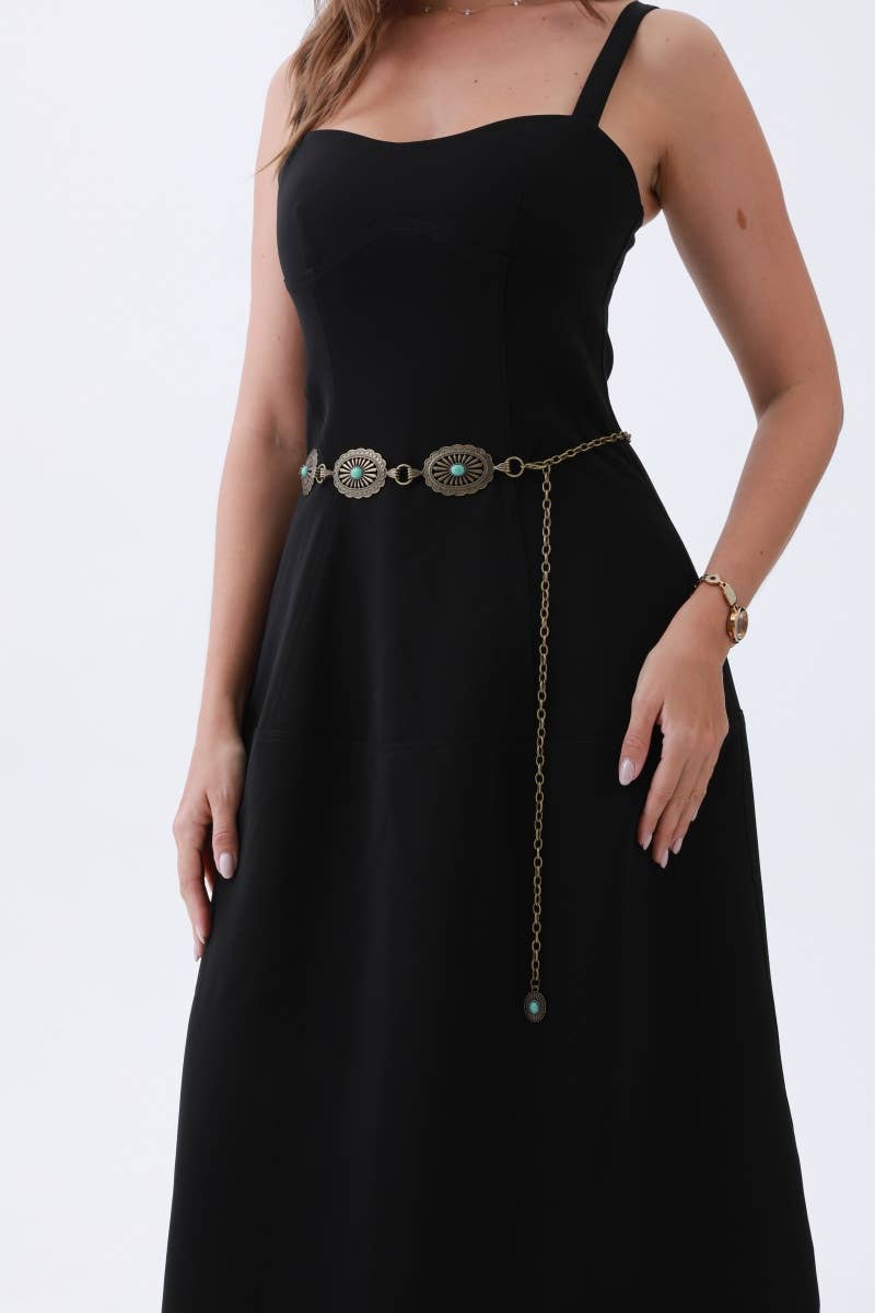 Vintage Turquoise Chain Belt – Classic Western Elegance: Antique Silver