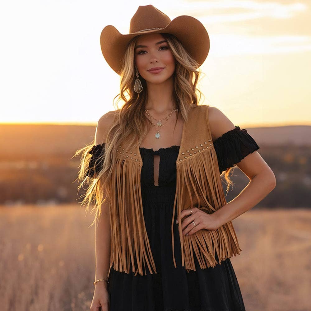 Western Studded Fringe Open Front Vest: Camel