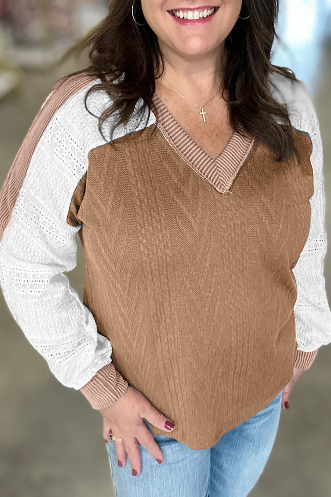 Coffee V Neck Lace Sleeve Patchwork Plus Size Blouse
