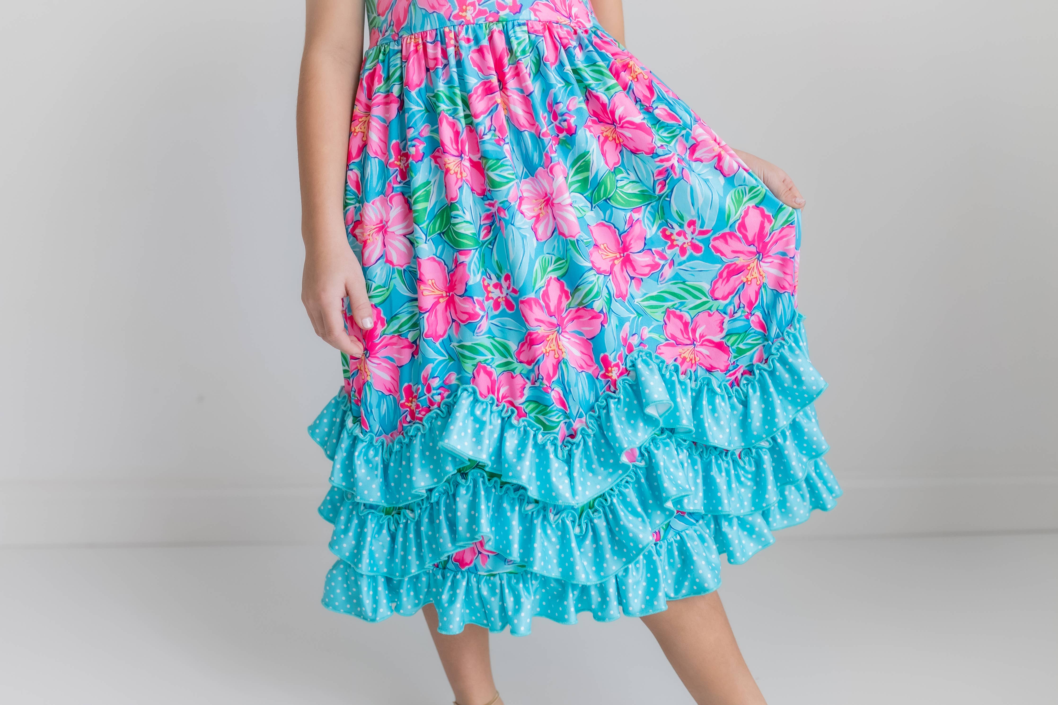 Kids Pink Blue Tropical Ruffle Dress
