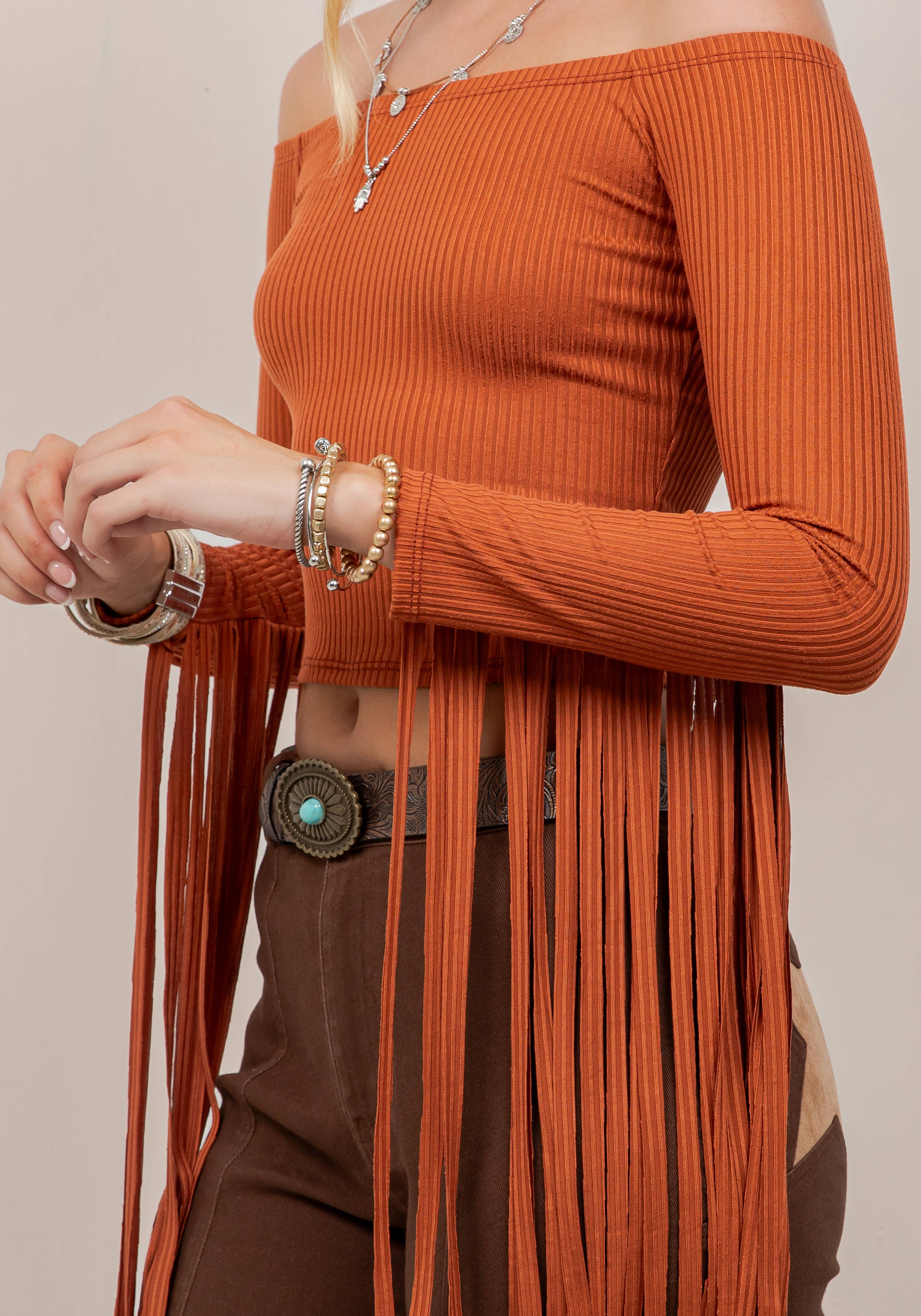 RUST FRINGE SLEEVE OFF THE SHOULDER TOP