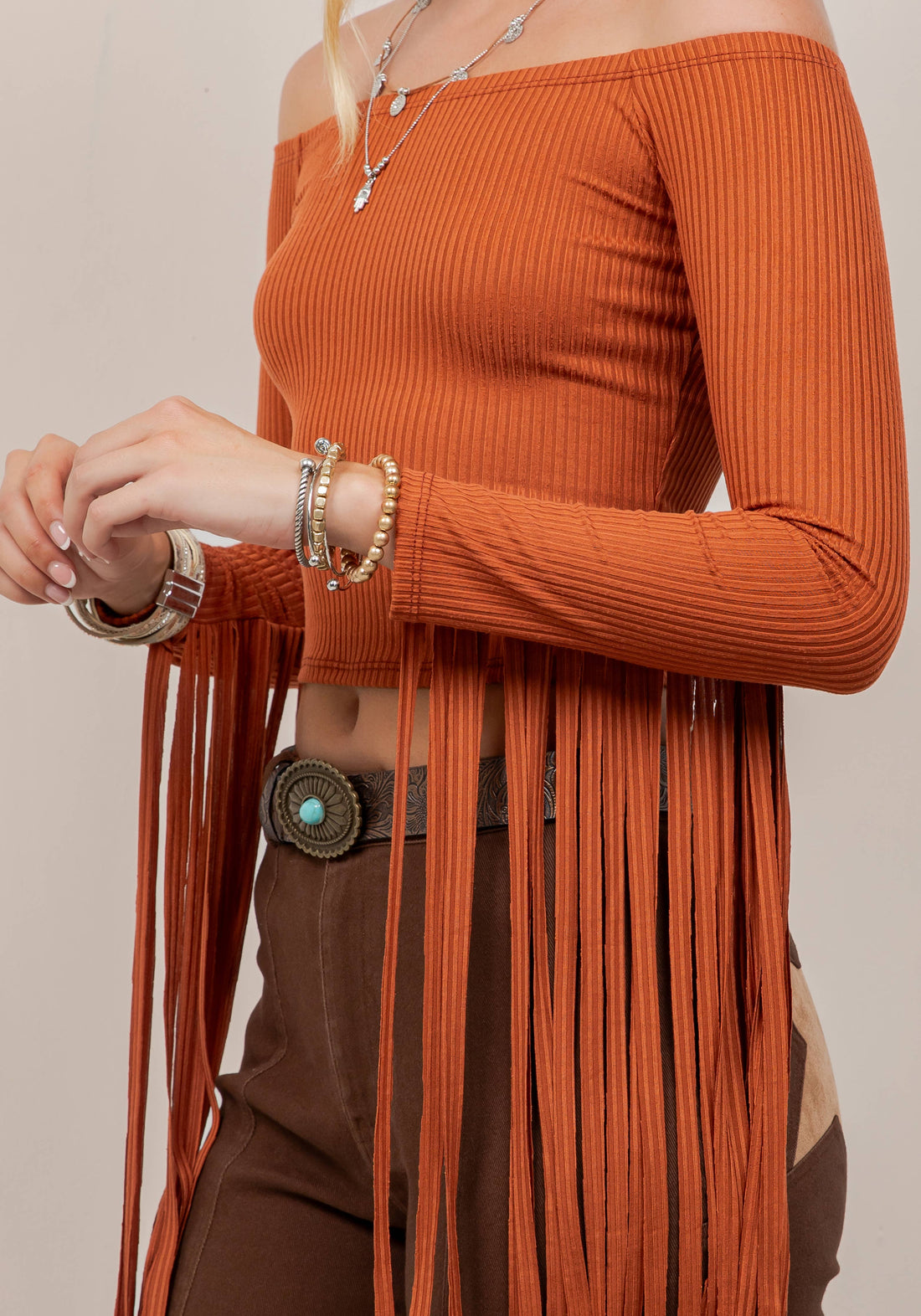 RUST FRINGE SLEEVE OFF THE SHOULDER TOP