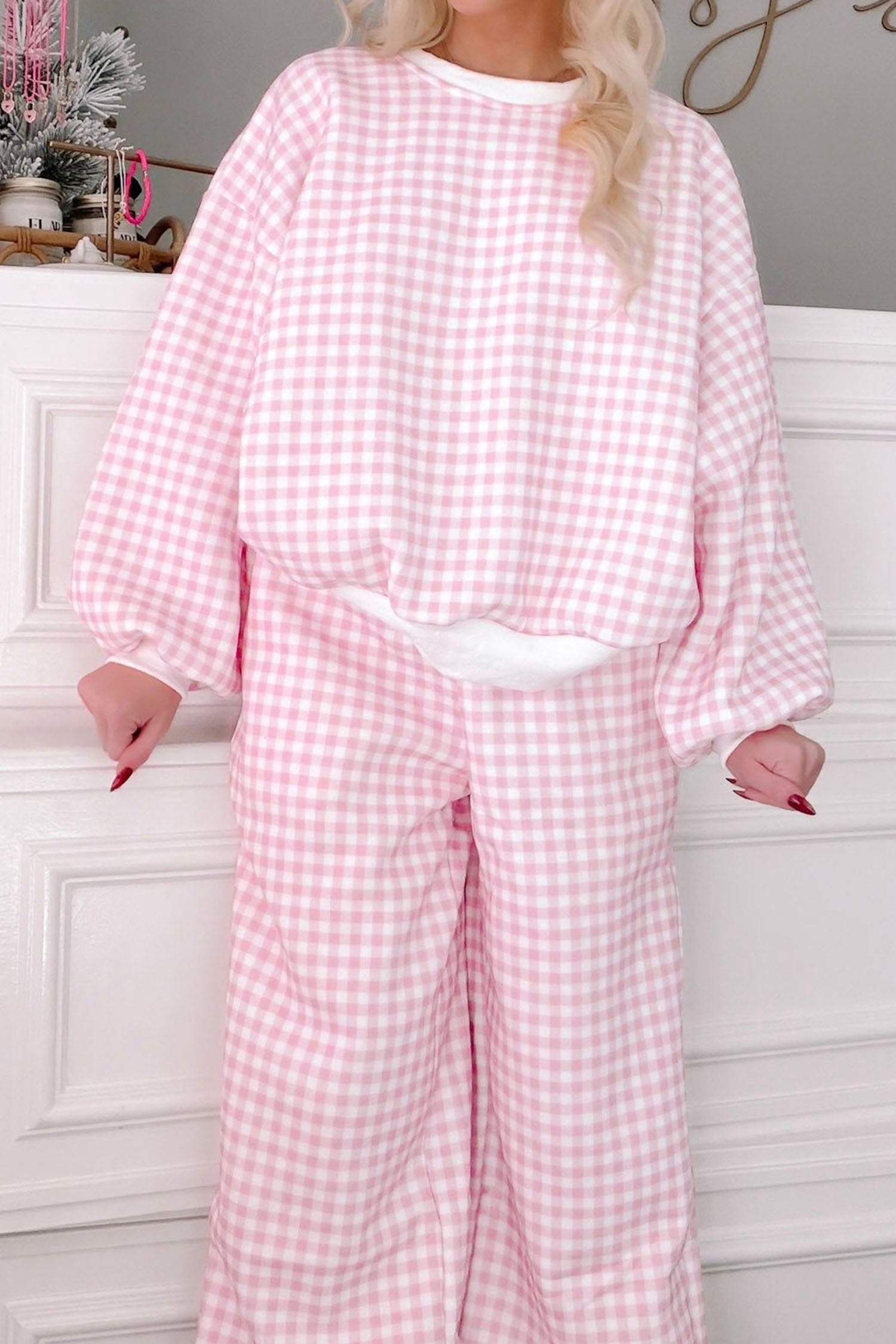 Pink Plaid Long Sleeve Two Piece Pant Set