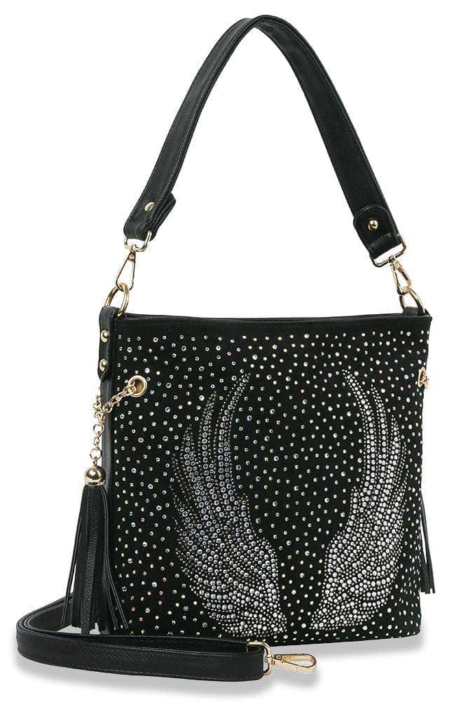 Wings Design Rhinestone Hobo Handbag: Black