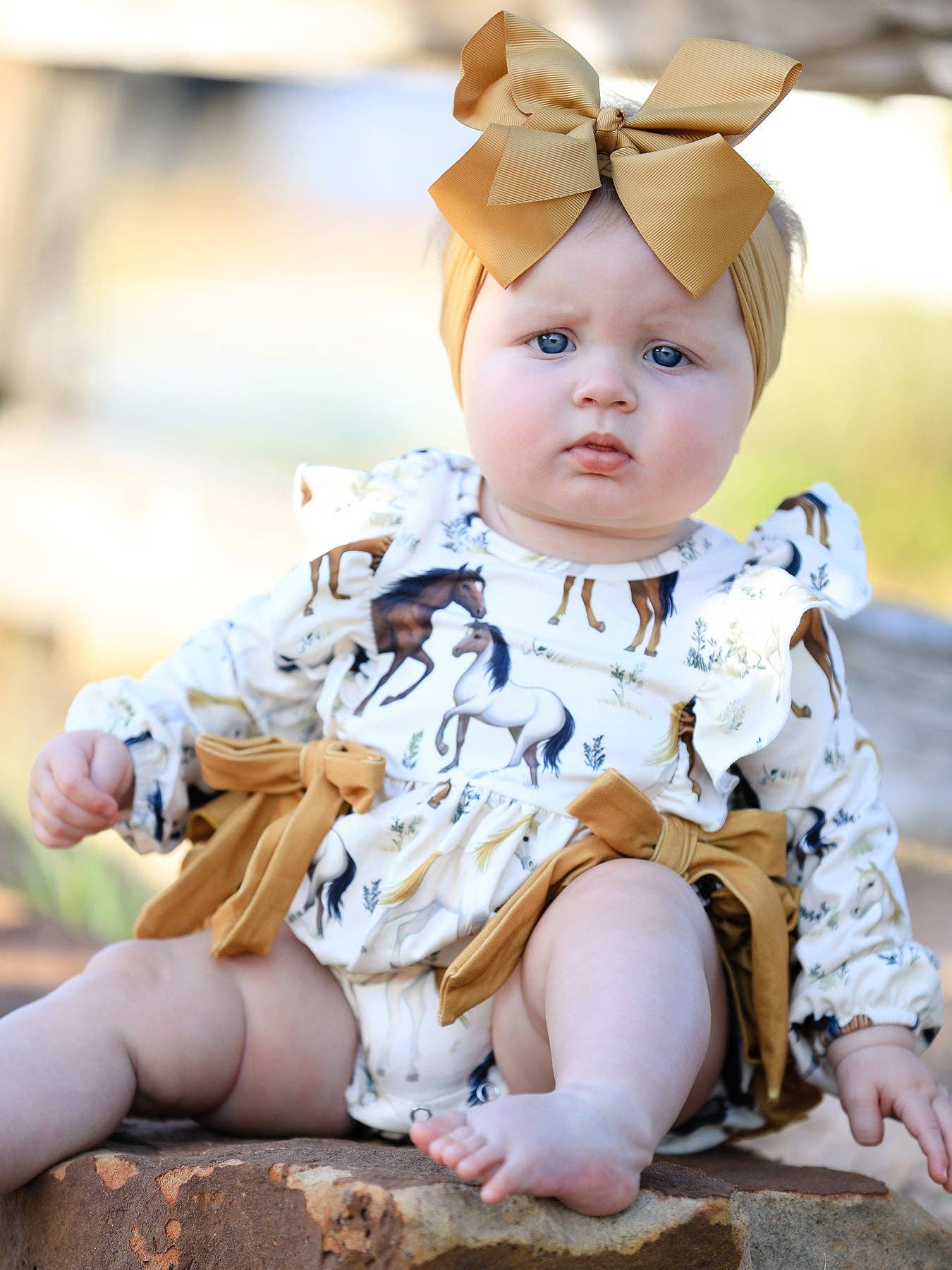 Western Horse Print Girls Long Sleeve Romper With Bow Ruffle