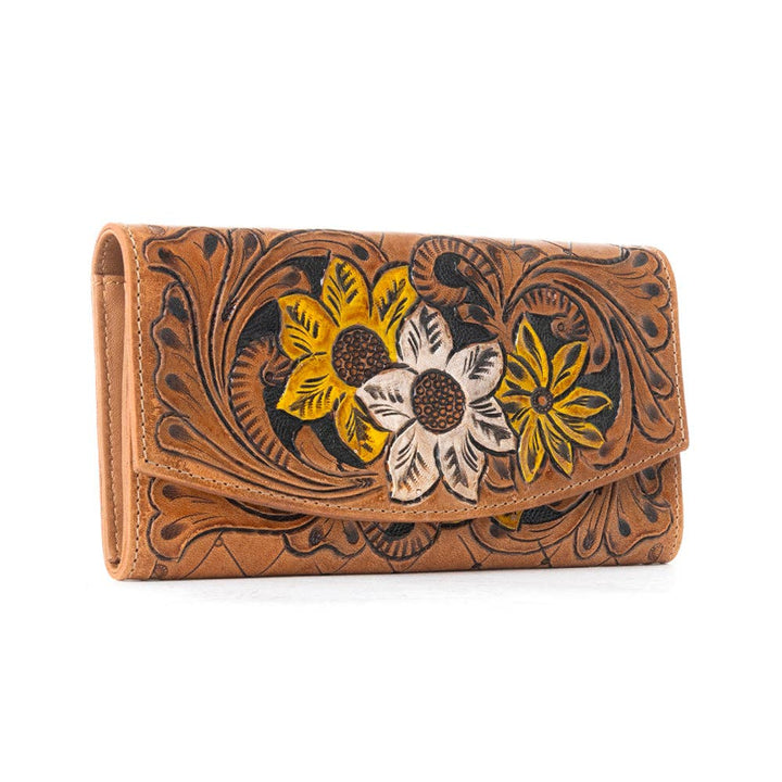 Warm Brown Leather Garden Wallet Featuring Bold Flower Motifs