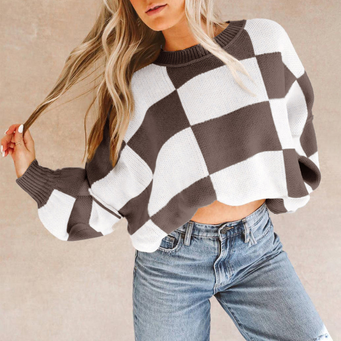 Green Checkered Bishop Sleeve Sweater