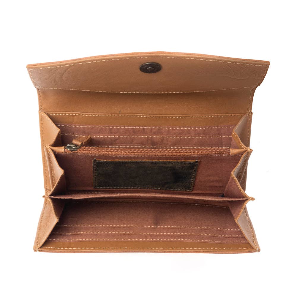Warm Brown Leather Garden Wallet Featuring Bold Flower Motifs