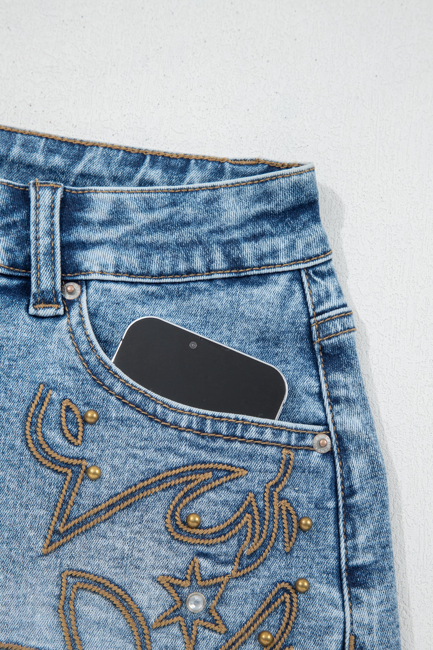 Dusk Blue Western Embroidery Stud Denim Shorts