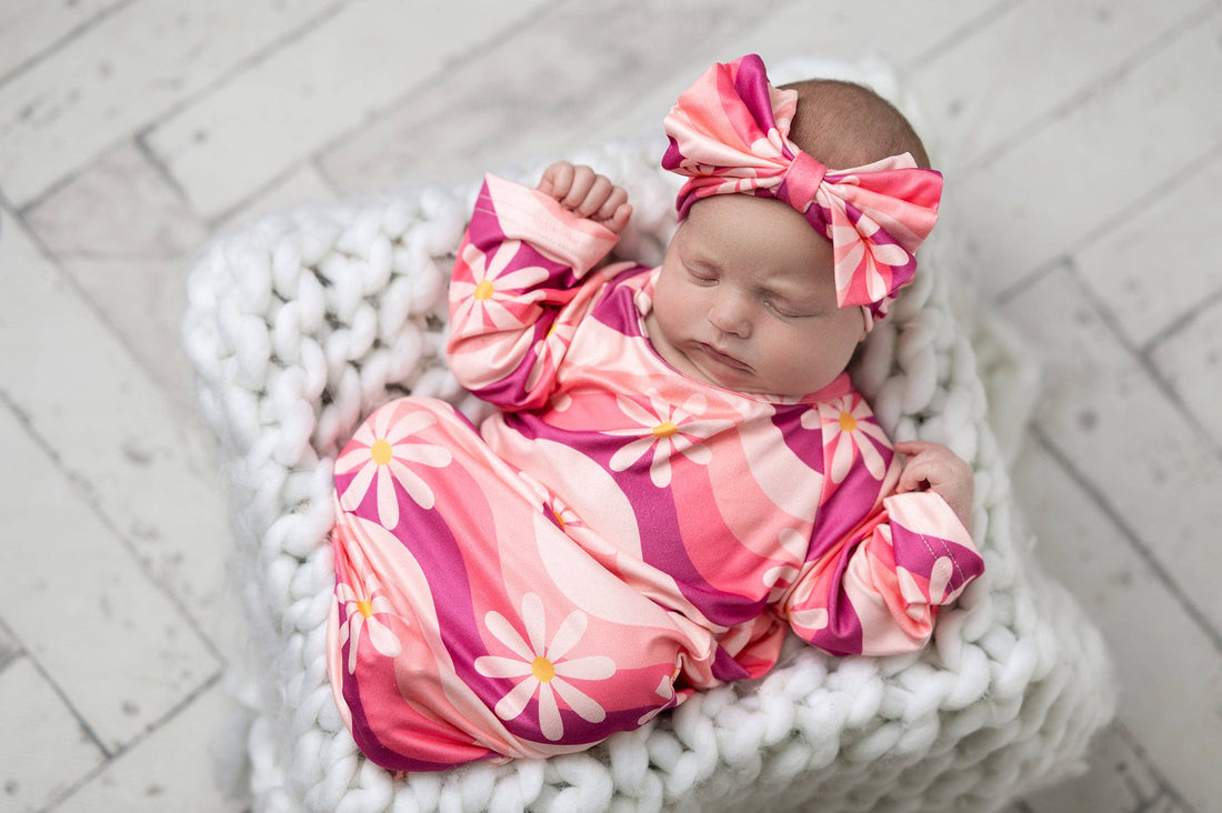 Infant Girls Pink Wave Flower Baby Gown and Bow Headband