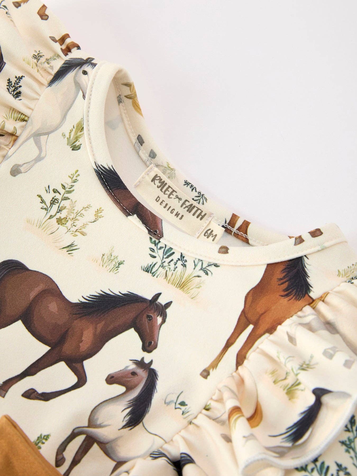 Western Horse Print Girls Long Sleeve Romper With Bow Ruffle