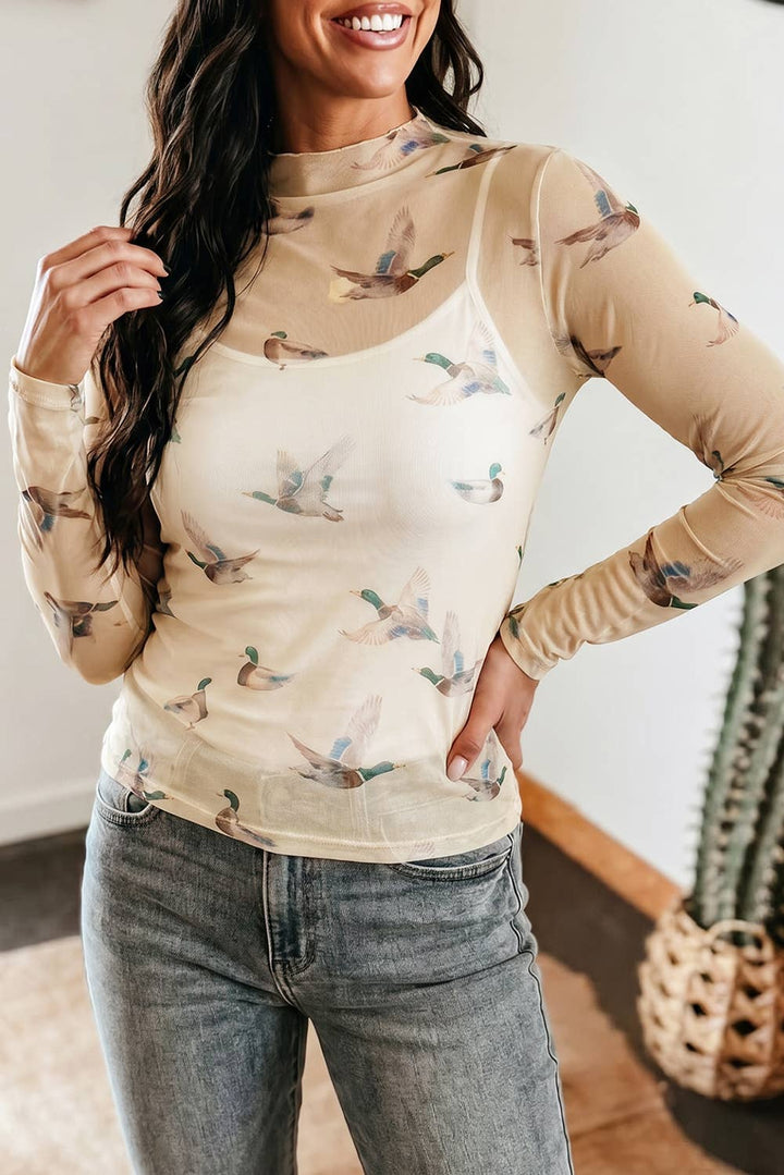 Western Mock Neck Print Mesh Sheer Long Sleeve Top