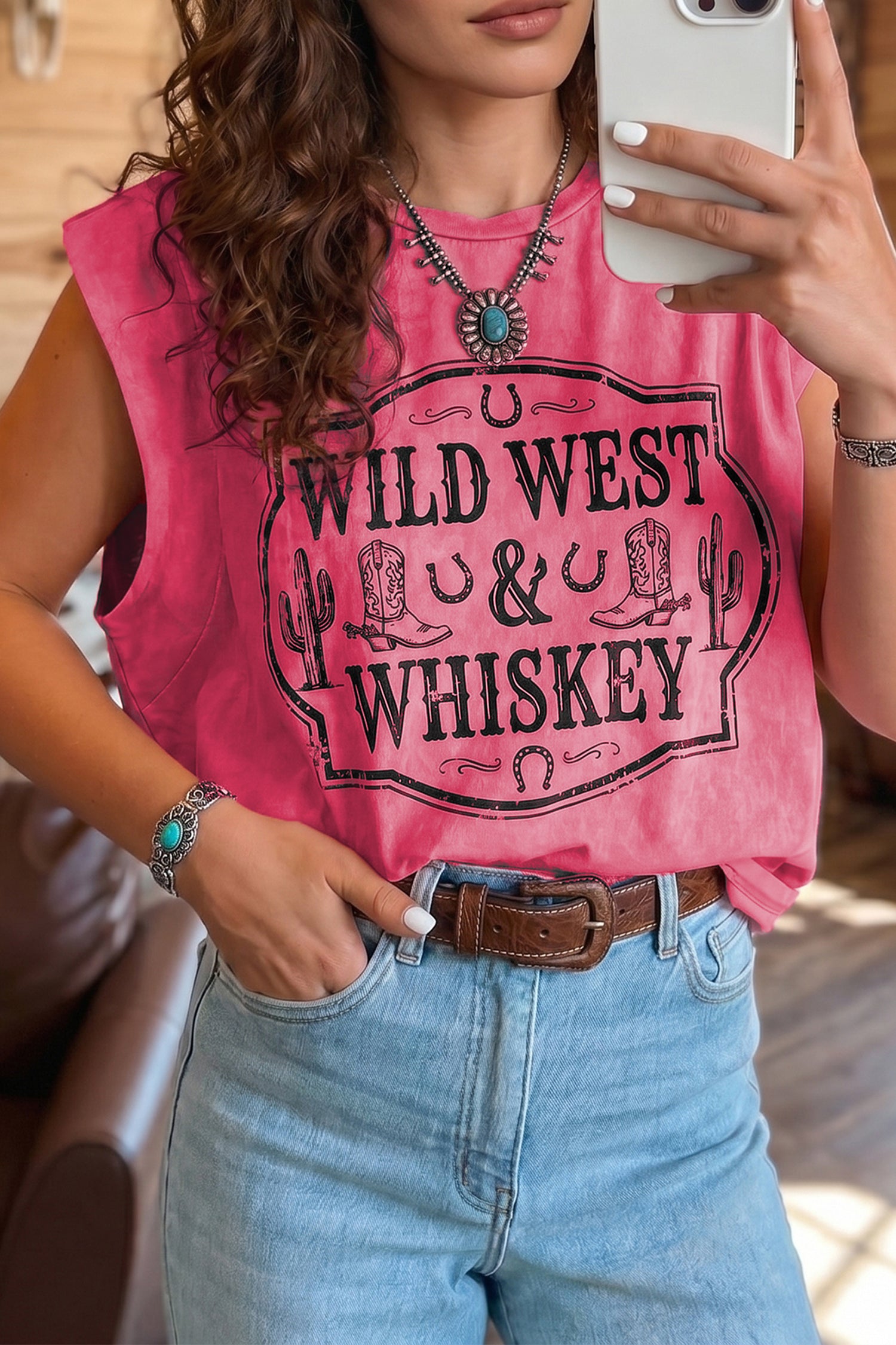 Bonbon Bonbon Toner Washed Wild West Whiskey Print Sleeveless Muscle Top